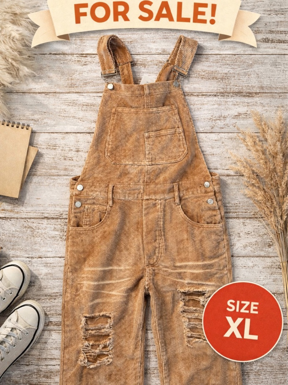 BiBi Corduroy Distressed Tan Overalls Jumpsuit